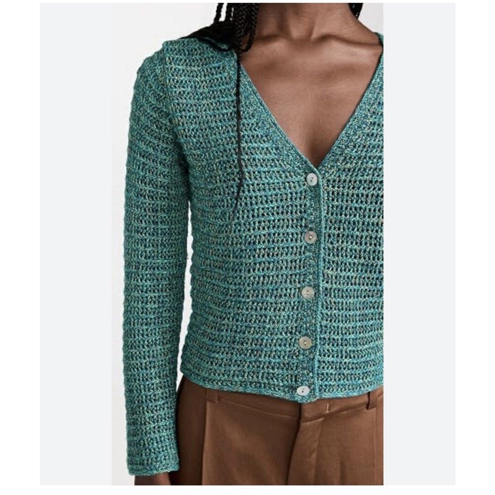 Vince Women’s Large Marled Crochet Cardigan Sweater Green 100% Cotton